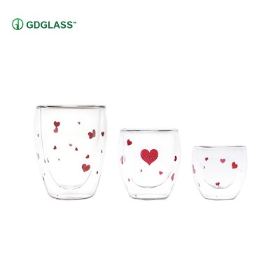 350ml double wall clear Love print glass cup heat resistance glass coffee cup